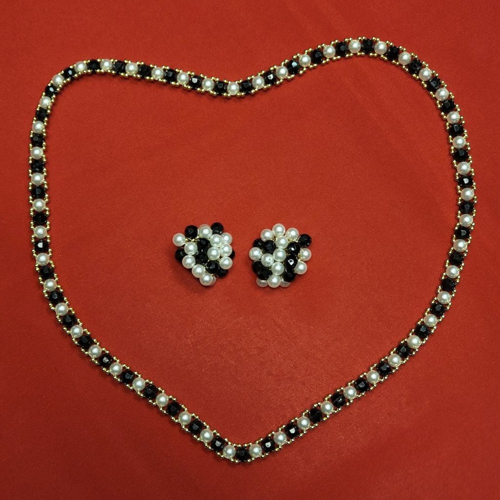Vintage Black Beads and Faux Pearl Toggle Necklace Earrings Set